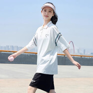 方糖姑娘初中生運動套裝少女POLO衫T恤新款寬松短袖t恤短褲休閑兩件套熱褲 85319S白T恤+99267黑色褲 套裝 L