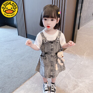 G.DUCKKIDS小黃鴨女童牛仔背帶裙套裝新款兒童夏裝裙子吊帶裙女寶寶中小童 鉛色 T恤+背帶裙+小熊 120 建議身高105-115厘米