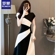 羅蒙品牌高級(jí)感復(fù)古黑白拼接連衣裙2025女夏季新款簡(jiǎn)約氣質(zhì)收腰顯瘦裙 圖片色 XL xl建議115-125斤