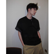 普戈斯（PUGESI）淺灰色假兩件正肩短袖男夏季韓系拼接格子翻邊袖T恤寬松休閑半袖 黑色 L