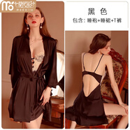 莫代爾性感睡衣女2025新款冰絲鋼托小胸聚攏吊帶睡裙蕾絲高級(jí)感夏款套裝 黑色吊帶裙+外袍 L 105-125斤