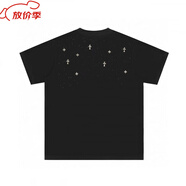 克羅心（chrome heart）官方艦旗梵文貼布克羅心十字架刺繡棉短袖T恤情侶上衣男款休閑店 黑色滿(mǎn)天星燙鉆 S  穿120斤左右