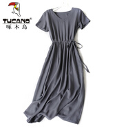 啄木鳥(niǎo)（TUCANO）棉綢連衣裙夏時(shí)尚大擺裙系帶收腰寬松顯瘦V領(lǐng)綿綢長(cháng)款人造棉口袋 煙灰 2XL (建議165斤以下)