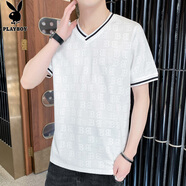 花花公子（PLAYBOY）短袖男夏季新款時(shí)尚寬松透氣V領(lǐng)上衣潮流百搭休閑薄款打底衫男裝 白色 Q-RLHH8282 XL