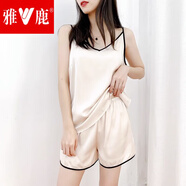 雅鹿睡衣女夏天冰絲薄款性感v領(lǐng)可外穿緞面吊帶背心短褲兩件套裝寬松 鍛面絲綢套裝-香繽色時尚歀 M (80-125斤)