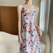 NicoleJolie醋酸緞面吊帶裙子優(yōu)雅碎花V領(lǐng)女清爽夏季新款內(nèi)搭時尚打底長裙子 粉色百合 JXYZREY-A16 L