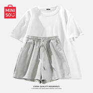 名創(chuàng)優(yōu)品（MINISO）運(yùn)動(dòng)套裝女夏季2025年新款純棉短袖小個(gè)子休閑夏裝搭配一整套女裝 白色(純色)+麻灰(純色) L 165(顯瘦遮肚子)