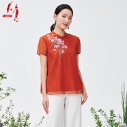 天意TANGY/天意2024春夏新款商場(chǎng)同款民族風(fēng)復古繡花休閑T恤女W242016 桔紅色7205色 L