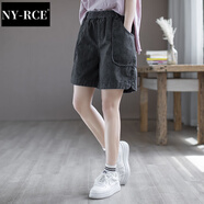 NY-RCE高腰牛仔短褲女秋裝寬松女裝中褲新款休閑褲時(shí)尚褲子女士五分褲 黑色 M