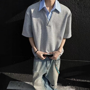 plory男裝青少年寬松型常規(guī)款感假兩件襯衫領(lǐng)棉短袖男夏季T恤Polo 灰色 3XL