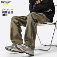 Homlean美式純棉休閑褲男春夏小眾潮牌復(fù)古寬松工裝長褲子HS60卡其色M