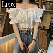 LPOX泡泡袖襯衫一字肩上衣女夏2025新款甜美短收腰小眾設(shè)計感襯衫女款 白色 S _80-95斤
