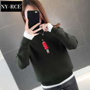 NY-RCE冬季新款假兩件刺繡毛衣女上衣韓版寬松套頭針織打底衫女 軍綠色 M