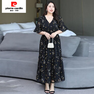 皮爾卡丹（pierre cardin）300斤大碼連衣裙200胖mm超仙夏季顯瘦法式復(fù)古中長款碎花連衣裙簿 黑色 7XL 建議250-275斤