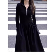 夢琪嵐法式赫本風(fēng)黑色長袖針織連衣裙子女秋冬裝2025新款感顯瘦百搭長裙 黑色 2XL 135-145斤