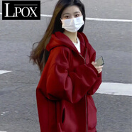 LPOX外套女款2025年最新款黑色連帽外套女寬松慵懶風(fēng)小眾上衣韓版外套 酒紅外套 L _106-120斤