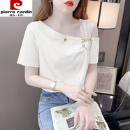皮爾卡丹（pierre cardin）大碼胖mm200斤設(shè)計(jì)感網(wǎng)紗拼接斜領(lǐng)露肩短袖t恤女寬松顯瘦夏季上衣 白色【版】 3XL 建議140-150斤