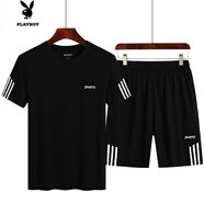 花花公子2022冰絲短袖T恤男運(yùn)動套裝夏季健身速干衣跑步短褲寬松5分褲 K-10黑色【上衣+褲子】 M #85斤左右