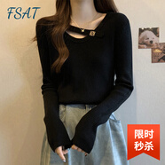 FSAT大碼慵懶風(fēng)軟糯毛衣女春秋內搭外穿套頭寬松針織衫打底衫胖mm上衣 黑色 2XL 【160-210斤】