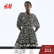 H&M女裝花卉連衣裙2025夏季新款潮流氣質休閑系帶連身裙1293979 黑色/花卉 M 165/96