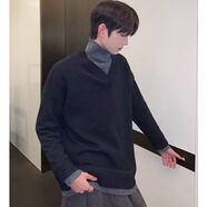 壹號鳳純色高領(lǐng)毛衣男生寬松秋冬2025新款翻領(lǐng)毛線(xiàn)衣厚款港風(fēng)復古針織衫 黑色(高質(zhì)量假兩件) JCF-910 L 105-125斤內