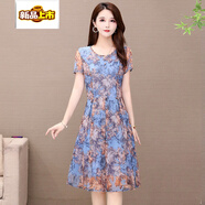 初徑夏季印花網(wǎng)紗中老年短袖雪紡連衣裙媽媽裝中長(cháng)款洋氣40-50歲女裝 藍色 L 85-102斤