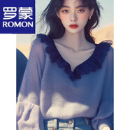 羅蒙（ROMON）法式針織衫女2024秋季新款復(fù)古荷葉邊v領(lǐng)設(shè)計(jì)小眾寬松慵懶風(fēng)毛衣 圖片色 M