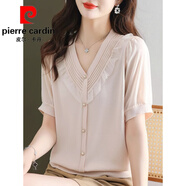 皮爾卡丹（pierre cardin）短袖t恤女裝2025夏季新款時(shí)尚v領(lǐng)遮肚子大碼體恤冰絲針織衫短上衣 米色 M 90-105斤