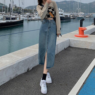 MELROSEMOOD牛仔半身裙女早春高腰包臀裙2025女裝新款復(fù)古a字中長款牛仔裙子 復(fù)古藍(lán) M