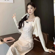 百草布【店鋪】甜美純欲風(fēng)大碼套裝女顯瘦吊帶波點(diǎn)連衣裙春秋長(cháng)款開(kāi) 開(kāi)衫+波點(diǎn)長(cháng)裙【兩件套】好質(zhì)量 M 建議95-105斤