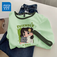 真維斯（JEANSWEST）短袖t恤女夏季新款純棉女裝上衣服撞色寬松ins風(fēng)小個(gè)子女生半袖衫 淺綠 抱貓女孩 L