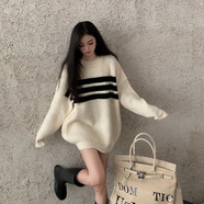 FHHUABD300斤胖mm大郎毛衣條紋慵懶風(fēng)v領(lǐng)中長(cháng)款外穿寬松加大碼針織 圖47 231白色中長(cháng)款厚毛衣裙 5XL 200-250斤