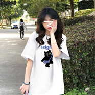 悅法婭美式寬松純棉短袖t恤女2025夏季新款中長(cháng)款半袖大板遮臀衣服女裝 白色【挎包小黑貓】 L 【115-130斤】