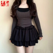 莜仙格2025春夏季新款純風(fēng)蓬蓬裙顯瘦芭蕾風(fēng)蛋糕裙半身裙女高腰溫柔短裙 黑色有安全褲 M 90-100斤