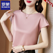 羅蒙（ROMON）真絲上衣女短袖上衣春夏時(shí)尚寬松醋酸緞面闊太太小衫桑蠶絲T 粉色《今年流行百搭氣質(zhì)時(shí)髦氣質(zhì) XL 尺碼偏大建議拍小一碼