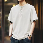 京濮飛美式復古大碼T恤300斤硬漢短袖寬松休閑亨利領(lǐng)Tshirt 白色 XL 建議135-165斤