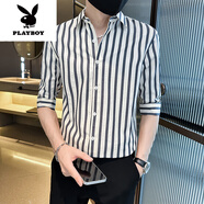 花花公子（PLAYBOY）襯衫男士夏季感條紋百搭尖領(lǐng)襯衣冰絲透氣薄款帥氣七分袖新品 黑色 A41 L