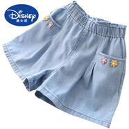 迪士尼（Disney）童裝女童蝴蝶結(jié)蕾絲牛仔短褲24夏裝新款童裝兒童寶寶天絲棉薄熱褲 口袋花朵短褲 120 cm