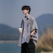 NYING日系短袖襯衫男25夏季新款潮流復(fù)古涼感透氣襯衣大碼寬松休閑外套 灰色 XL （130-150斤）