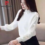 皮爾卡丹（pierre cardin）仿水貂絨毛衣女寬松加厚秋冬新款百搭洋氣釘珠鑲鉆套頭上衣打底衫 白色【品質(zhì)-鑲鉆】 S