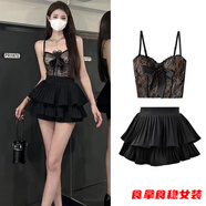 柒十念歐美黑色蛋糕裙半身裙女夏季高腰顯瘦百褶裙蓬蓬褲裙套裝蕾絲吊帶 2件套吊帶+百褶裙 M