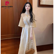 皮爾卡丹（pierre cardin）新中式國風(fēng)提花連衣裙女夏季大碼胖mm高級氣質(zhì)獨特旗袍長(cháng)裙子 杏色 L (建議100-120斤)
