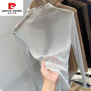 皮爾卡丹半高領(lǐng)亮絲網(wǎng)紗打底衫女薄款紗衣修身長(cháng)袖咖色內搭T透明蕾絲上衣 白色 S