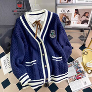 AEMAPE小熊毛衣開衫女外套2025春新款女裝衣服寬松溫柔秋冬季針織上衣 藏青色B款 均碼 (80-140斤拍)