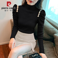 皮爾卡丹（pierre cardin）針織打底衫女秋冬2025新款半高領(lǐng)釘珠泡泡袖毛衣歐貨別致內搭上衣 黑色 L 【100斤-110斤】