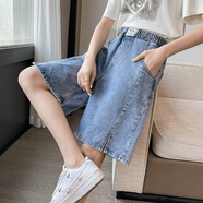 FHHUABD胖mm大碼牛仔短褲女夏五分中褲薄款寬松緊高腰顯瘦闊腿加肥200斤 【8913：藍色 直筒 五分中褲】 M 【 建議100斤以下】