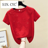 SIN.CYC 原創(chuàng)歐洲站夏季個性t恤cec短袖女ins潮半袖上衣歐貨時尚洋氣體恤 305# 紅色 S