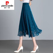 皮爾卡丹（pierre cardin）2025夏季薄款黑色白色繡花紋雪紡半身裙中長(zhǎng)款高腰大擺A字過(guò)膝裙 湖藍(lán)底花 S 合適體重88-95