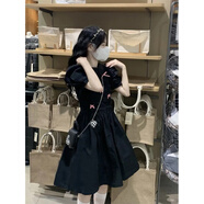 夢(mèng)琪嵐韓系學(xué)院風(fēng)甜美娃娃領(lǐng)連衣裙女學(xué)生夏季蝴蝶結設計黑色a字中短裙 黑色 M 適合80-95斤