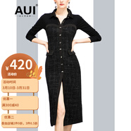 AUI 小香風(fēng)連衣裙女冬2021新品歐洲站設(shè)計(jì)感時(shí)尚女裝中長(zhǎng)款襯衫裙子 黑色 S